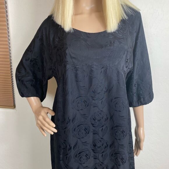Vince dress s black 100% silk echted roses balloon 3/4 sleeves - Picture 2 of 8